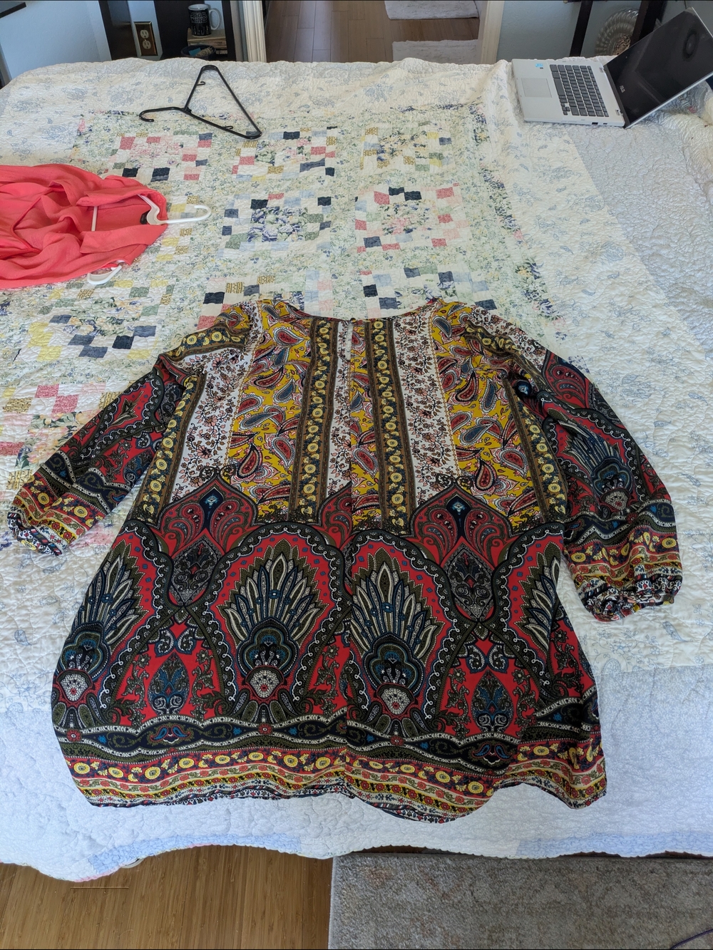 Boho Paisley Peasant Tunic - Red & Multicolor